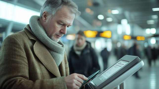 Border control officer scanning passport with electronic reader at airport security checkpoint. Traveler waiting nervously. Modern terminal interior showcases high-tech security procedures.