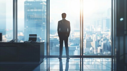 Businessman in suit standing by window, gazing thoughtfully at cityscape, symbolizing strategic decision-making in corporate buyout scenario.