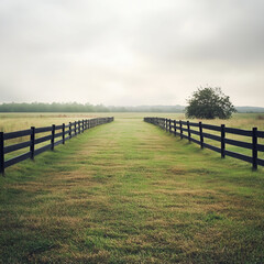 Obraz premium Spacious Empty Field Bordered by Tall Wooden Fences: A Serene Rural Landscape