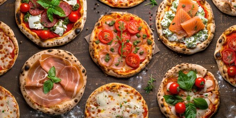 Aerial perspective of various homemade pizzas featuring fresh garden tomatoes, cheese, salami, and salmon in detail.
