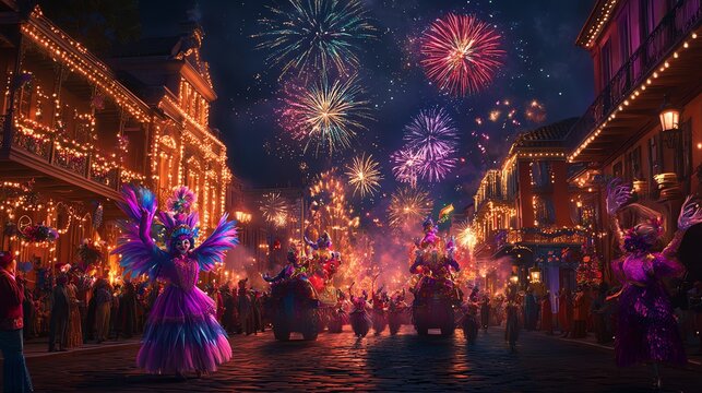 A nighttime parade with colorful costumes and fireworks in the background.