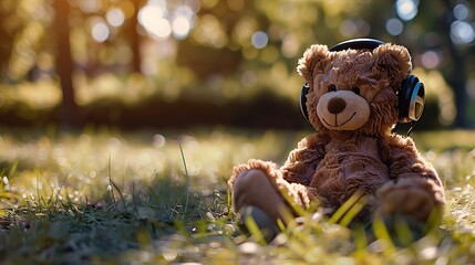 Teddy bear with headphones on a summer sunny day