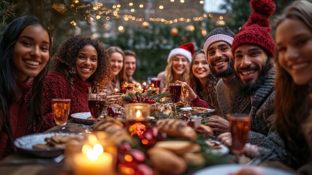 Diverse group of friends enjoying festive holiday dinner outdoors at night