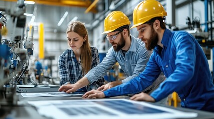 Team of engineers collaborating on project in industrial factory setting
