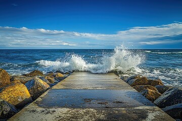 photo of an ocean pier with rocks and waves crashing into the shore, blue sky