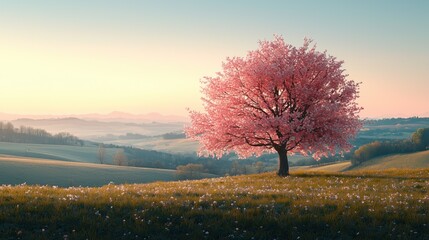 Serene spring landscape with lone pink cherry blossom tree on grassy hillside at sunset