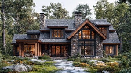 Fototapeta premium Elegant stone and wood house in a serene forest setting.