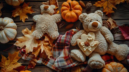 Teddy bears lying on a plaid blanke pumpkins autumn leaves heart shaped cookies