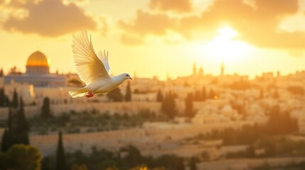 Obraz premium A white dove flies over Jerusalem. The background is an ancient city with domes and olive trees, bathed in the warm glow of the golden hour.