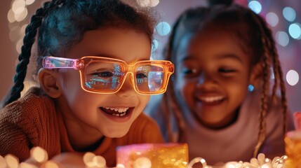 Obraz premium Two diverse happy children playing with glowing toys and lights