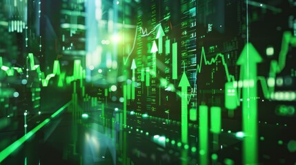 Digital illustration of stock market trading graph, finance, business with green arrow and uptrend chart.