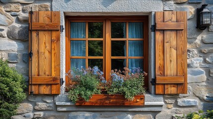 Obraz premium Charming window with wooden shutters and flower-filled planter.