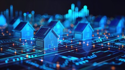 photograph of A dynamic representation of smart housing data analytics, this digital model displays illuminated blue houses with rising graphs indicating technological progress.