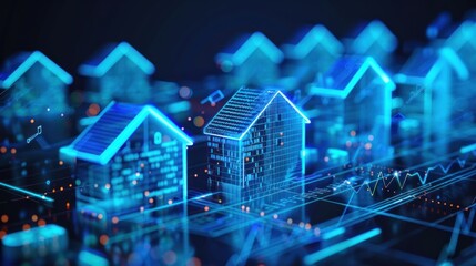 photograph of A dynamic representation of smart housing data analytics, this digital model displays illuminated blue houses with rising graphs indicating technological progress.