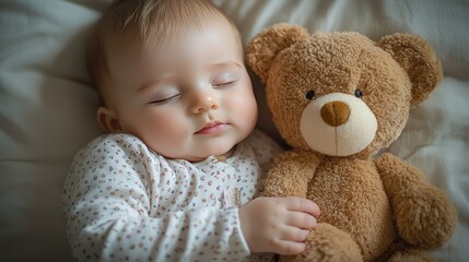 cute baby sleeping hugging a teddy bear