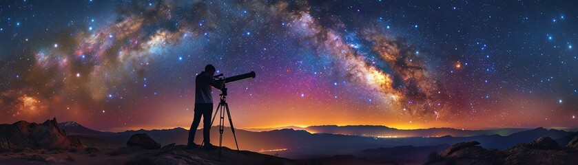Fototapeta premium Person using a telescope to observe distant galaxies, night sky, wide angle