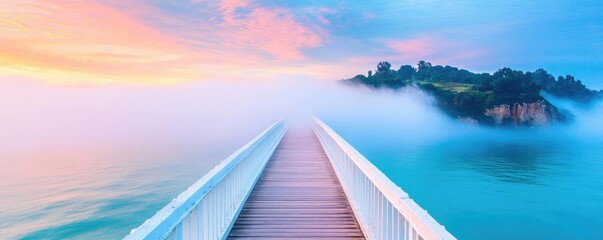 A fog-covered bridge with no visible end in sight, uncertainty, crossing into the unknown