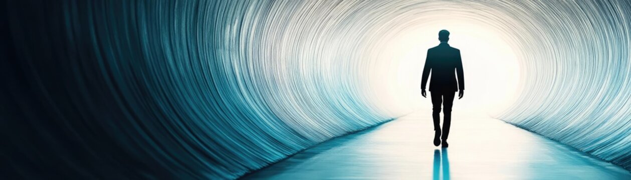 A figure walking into a tunnel where light fades into darkness, uncertainty, unknown future