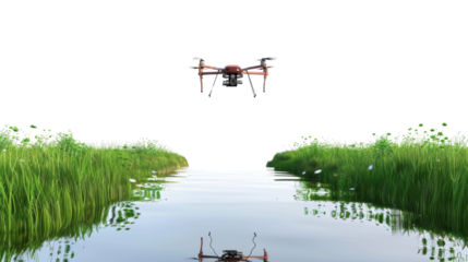 A drone which flying over a meadow on transparent background