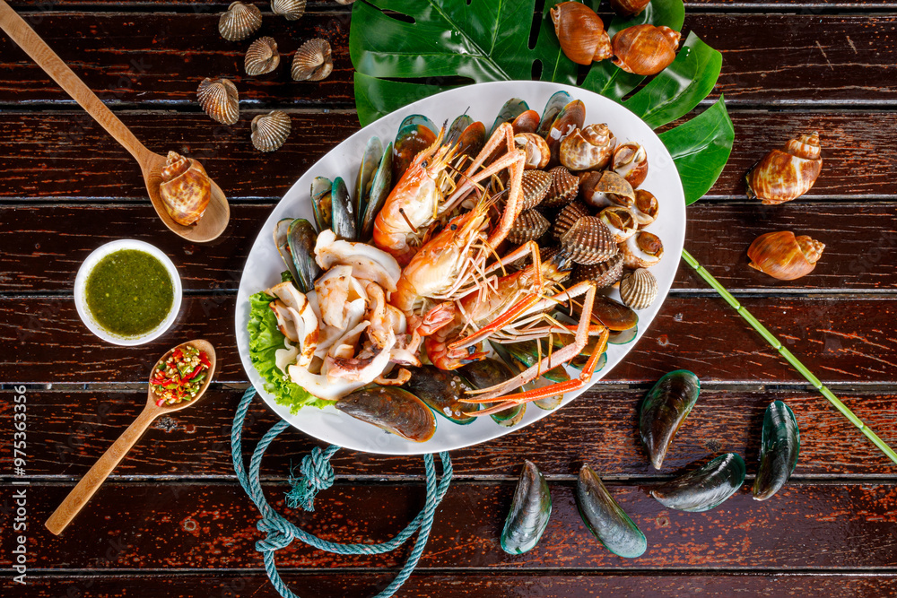 Wall mural grilled prawns, squids, and clams with spicy and sour dipping sauce packed with thai seafood flavor.