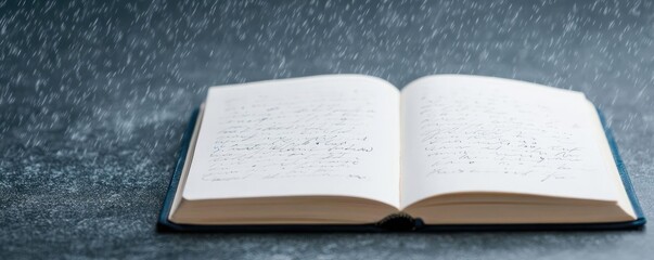 Obraz premium Rain falling on an open diary with ink smudging away, forgotten stories, unwritten feelings
