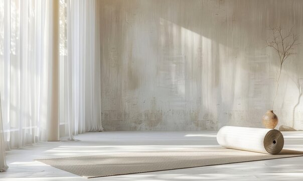A minimalist shot of a single, rolled up yoga mat in a serene studio