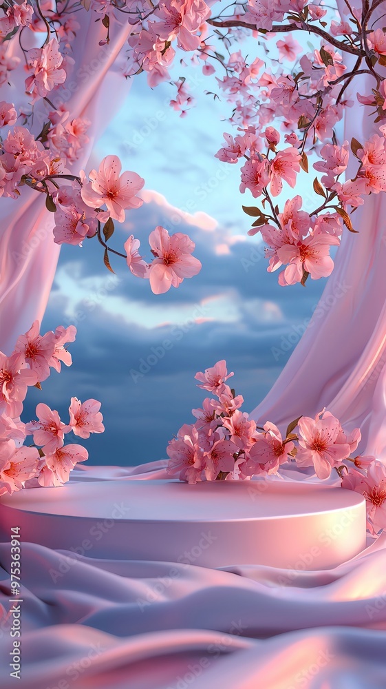 Wall mural a serene view of cherry blossoms framing a dreamy backdrop, perfect for adding elegance and tranquil