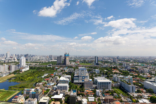 BANGKOK, THAILAND- September 16, 2023: The cityscape view at Petchaburi - Thonglor road area which is the main business and shopping area