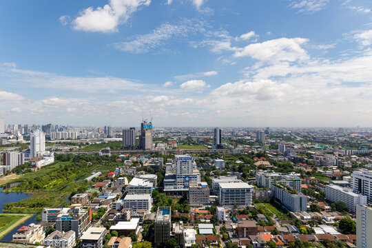 BANGKOK, THAILAND- September 16, 2023: The cityscape view at Petchaburi - Thonglor road area which is the main business and shopping area