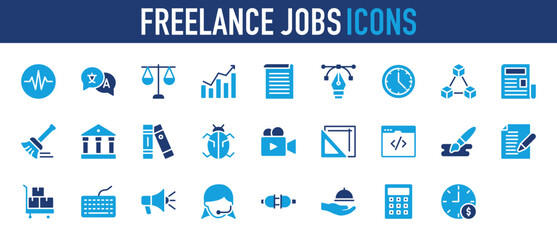 Freelance Jobs icons set. Frequency, Language Learning, Bezier, Bar Graph, Customer Support, Ruler, Deadline, Article, Document, Binders, Coding, Balance Scale, Malware, Video Camera vector.