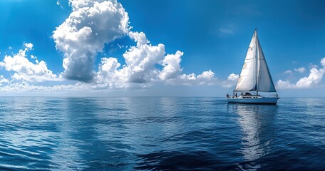 Obraz premium Sailing yacht on the sea, blue sky and white clouds, panoramic view of sailing yacht in calm ocean waters