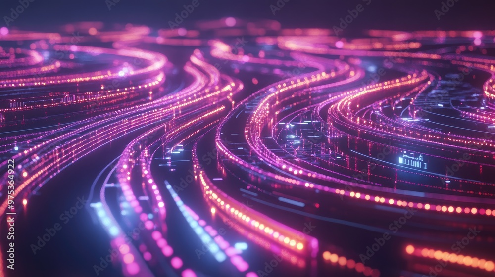 Poster futuristic visualization of data streams, with glowing lines and abstract shapes, perfect for illust