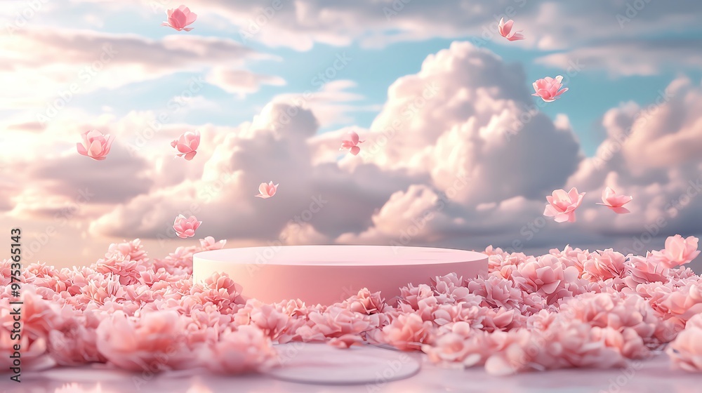 Sticker a serene scene with pink flowers and soft clouds, creating a dreamy atmosphere for backgrounds or pr