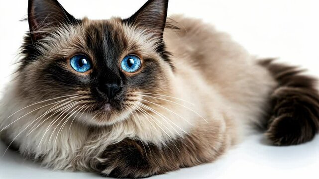 Playful Himalayan cat with striking blue eyes relaxing on a soft surface in bright light
