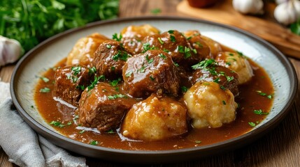 Fototapeta premium A plate of boiled beef, dumplings, and gravy, garnished with fresh parsley, making for a hearty and comforting meal.