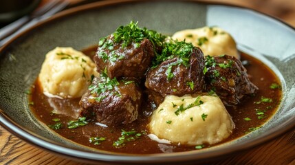 A plate of boiled beef with fluffy dumplings and savory sauce, garnished with fresh parsley. The dish exudes warmth and home-cooked comfort.