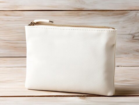 Blank canvas zipper pouch with elegant stitching, on wooden background, side profile, highquality for professional design use