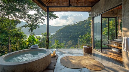 A luxury bathroom on a private balcony, with sweeping views of the sea and forested mountains.