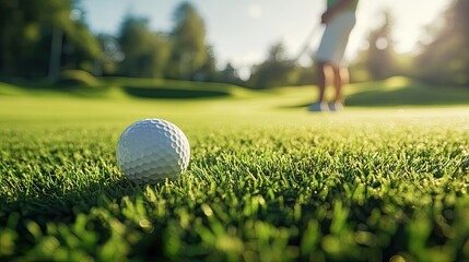 Golfer preparing for a swing, with a detailed close-up of the golf ball on the tee and the course stretching into the distance.