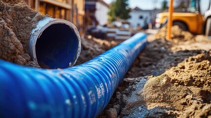 A plastic sewage pipe being installed during house construction, with ample space for copy, symbolizing foundational building practices.