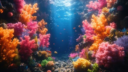 Fototapeta premium Vibrant underwater scene with colorful coral reefs and fish.