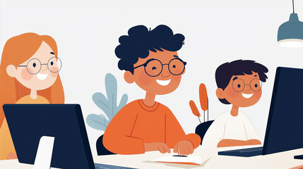 Fototapeta premium Cartoon Kids Learning on a Computer