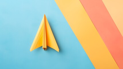 Top view of single yellow paper airplane with customizable space for text isolated on colorful background
