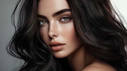 Fototapeta premium Gorgeous dark-haired model with glossy waves, perfect for beauty, fashion, and cosmetics promotions focusing