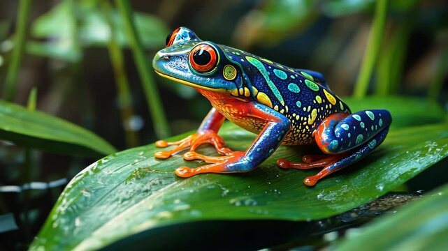 Colorful frog resting on a leaf in a vibrant tropical rainforest during early morning light
