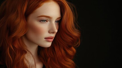 Naklejka premium Gorgeous redhead with wavy, lustrous hair, exuding elegance and style, perfect for beauty and fashion-themed advertising