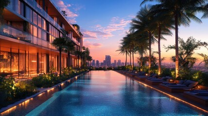 Fototapeta premium Luxurious poolside view at sunset with city skyline backdrop.