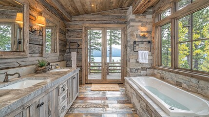 A rustic cabin bathroom with natural wood and stone elements, overlooking a forest, mountains, and the sea.