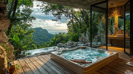 Fototapeta premium A cliffside bathroom with a jacuzzi overlooking a dense forest, mountains, and the sea.