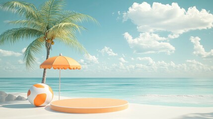 A 3D rendered beach scene with a palm tree, beach umbrella, beach ball, and an empty product display stand.